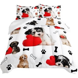 Cute Dog & Love Comforter Set,Cartoon Paw and Bone Print Bedding Home Decor,Pet Puppy White,1Comforter+2PillowCover - 1 of 4