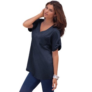 Roaman's Women's Plus Size V Neck Boyfriend Textured Tunic - 1 of 4