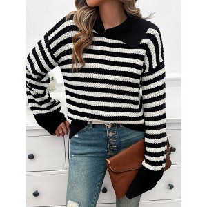 Women's Sweater Striped Knit Sweater Asymmetric Collar Pullover - 1 of 3