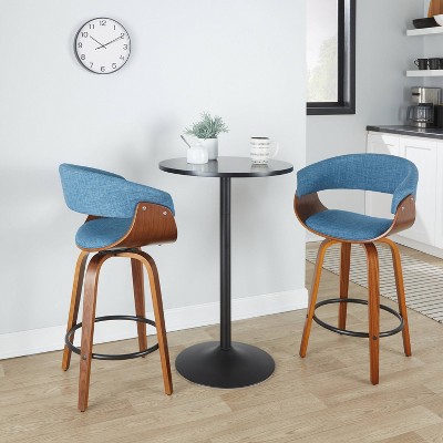 Set of 2 Blue Walnut Swivel Counter Stools with Black Metal Footrest