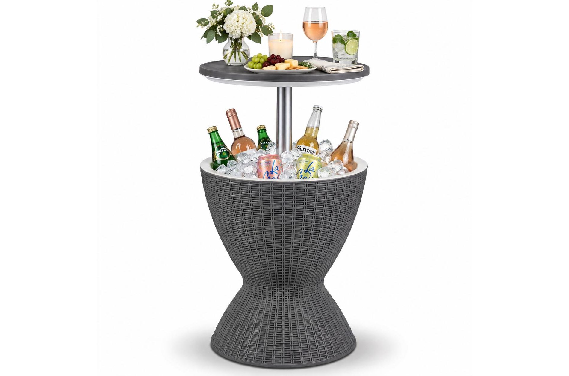 Gray Round Outdoor Side Table with Adjustable Height and Ice Bucket