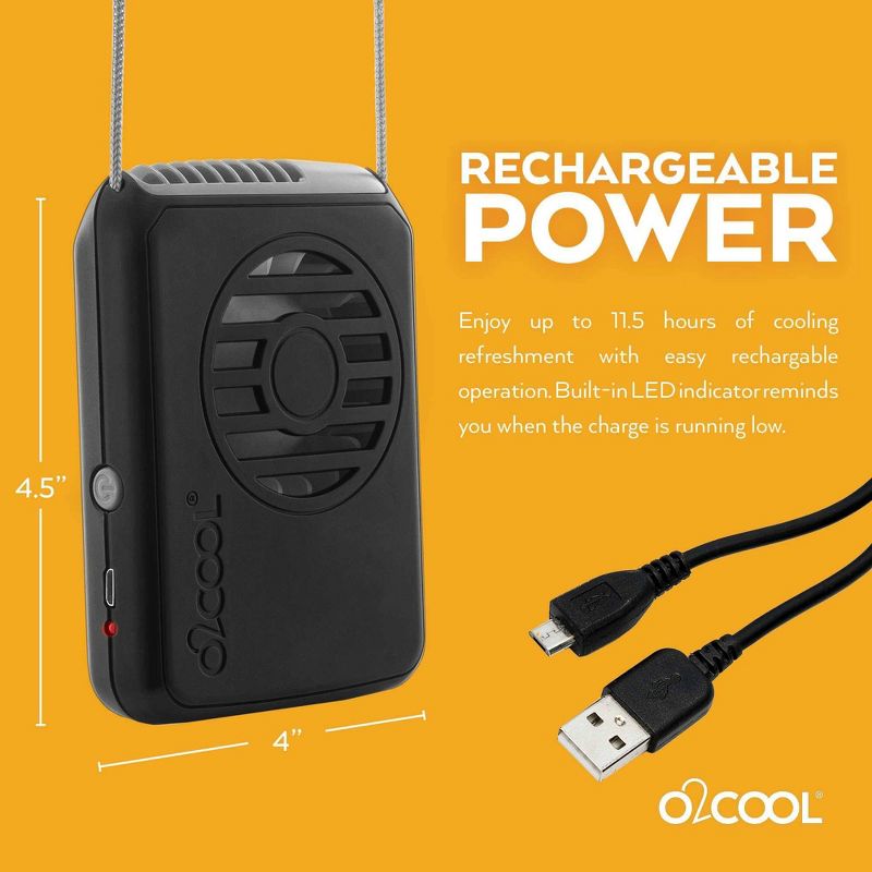 O2COOL Rechargeable Deluxe Necklace Fan with USB Cord Black, 4 of 8