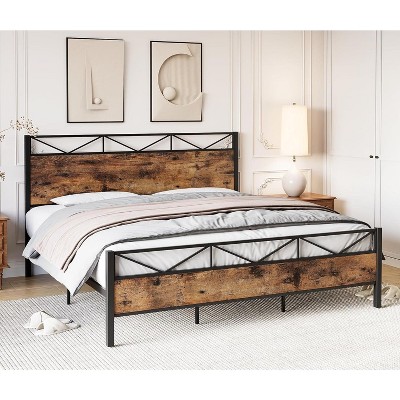 coucheta King Size Bed Frame with Rustic Wood Headboard and Footboard,Platform with Steel Slat Support,No Box Spring Needed,Easy Assembly,Brown