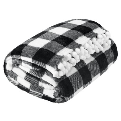 Pavilia Deluxe Checkered White Twin Fleece Throw with Pom Pom Fringe