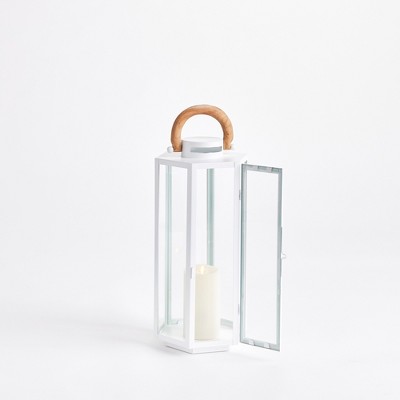 White Nautical Outdoor Lantern with Teak Handle