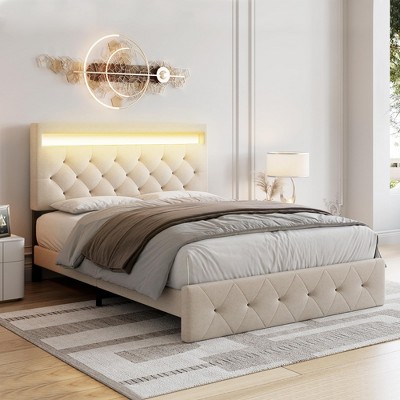 Bed Frame with LED Lights, Upholstered Platform Bed with Headboard, Fast-Charging USB Port, No Box Spring Needed, LED Bed Frame