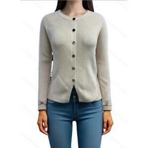 Women's Long Sleeve Button Knit Cardigan Sweater Open Front Crew Neck Striped Cardigan Jacket - 1 of 1