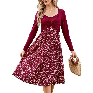 Women's Maternity Dress Long Sleeve Vintage Floral Patchwork Dress Flared A-Line Swing Casual Party Midi Dress - 1 of 4