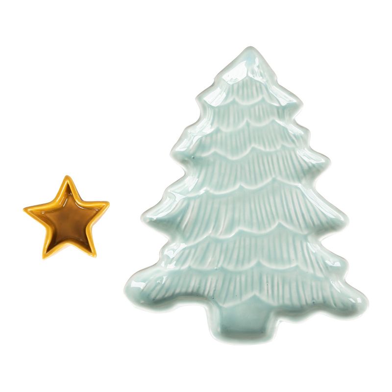 Transpac Ceramic 9.6 in. Multicolor Christmas Iridescent Tree Chip and Dip Set of 2, 3 of 4