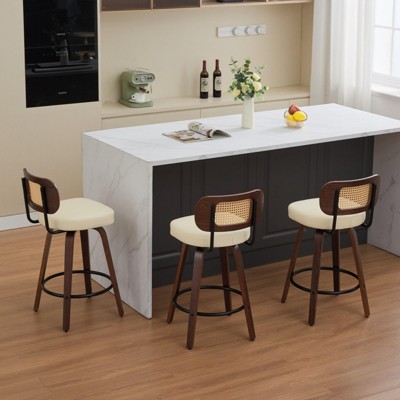 INFURNIC Counter and Bar Stools Swivel Rattan Cane Back Barstools with Upholstered Seat for Kitchen Island, Beige, 22.04"*16.93"*35.43"