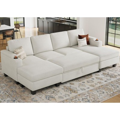Belffin U-Shaped 6-Seater Sleeper Sectional - Modular Chenille Couch with Pull-Out Bed & Dual Storage Chaise