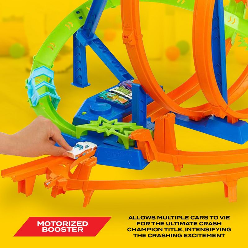 Hot Wheels Easy Storage Track Set with 5 Crash Zones, Motorized Boosters, 1 Car, and 2 Different Sized Loops for Kids Motor Vehicle Playsets, 4 of 8