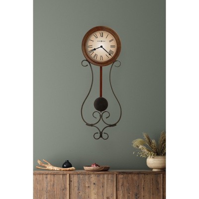 Antique Cherry and Black Iron Wall Clock with Pendulum