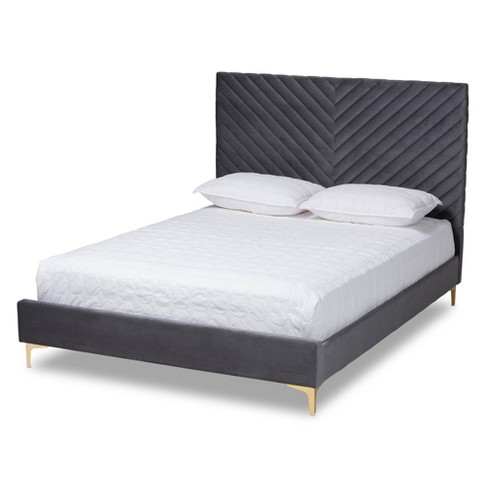 King Fabrico Velvet Fabric Upholstered And Metal Platform Bed Gray