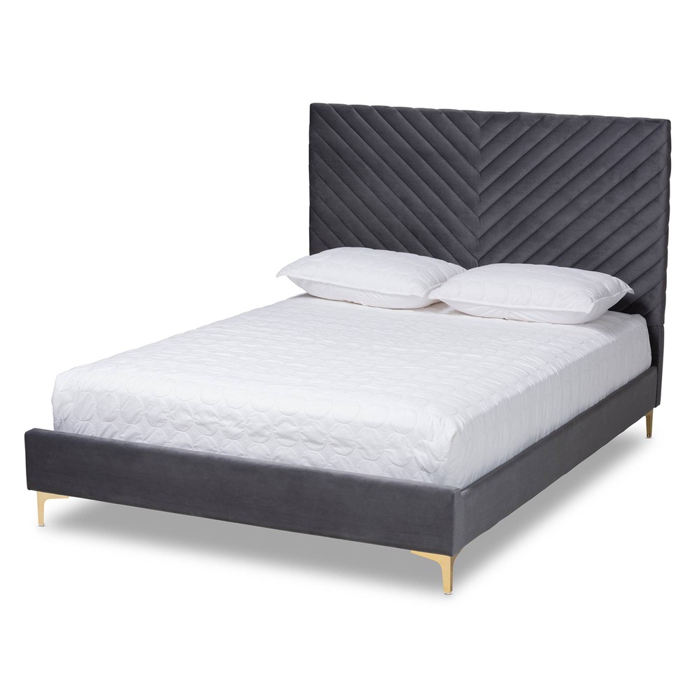 Photos - Bed Frame King Fabrico Velvet Fabric Upholstered and Metal Platform Bed Gray/Gold 