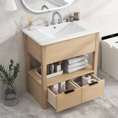 NicBex Bathroom Vanity without Sink Top/with Sink Top,Bathroom Sink Vanity with Open Shelf and 2 Drawers,Bathroom Sink Cabinet,Brown/Light Brown/Black