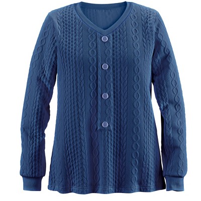 Collections Etc Cable Knit V-Neck Pull-Over Faux Button Top