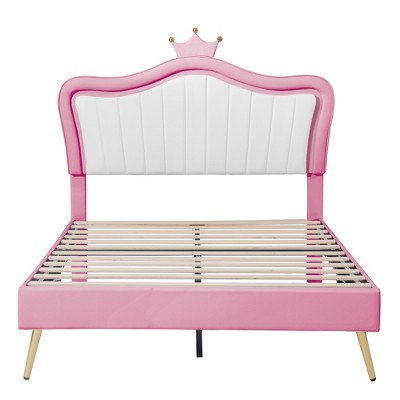 Bellemave  Crown Headboard Full Size Princess Bed for Girls,Upholstered Full Bed Frame with LED Lights for Kids,Pink