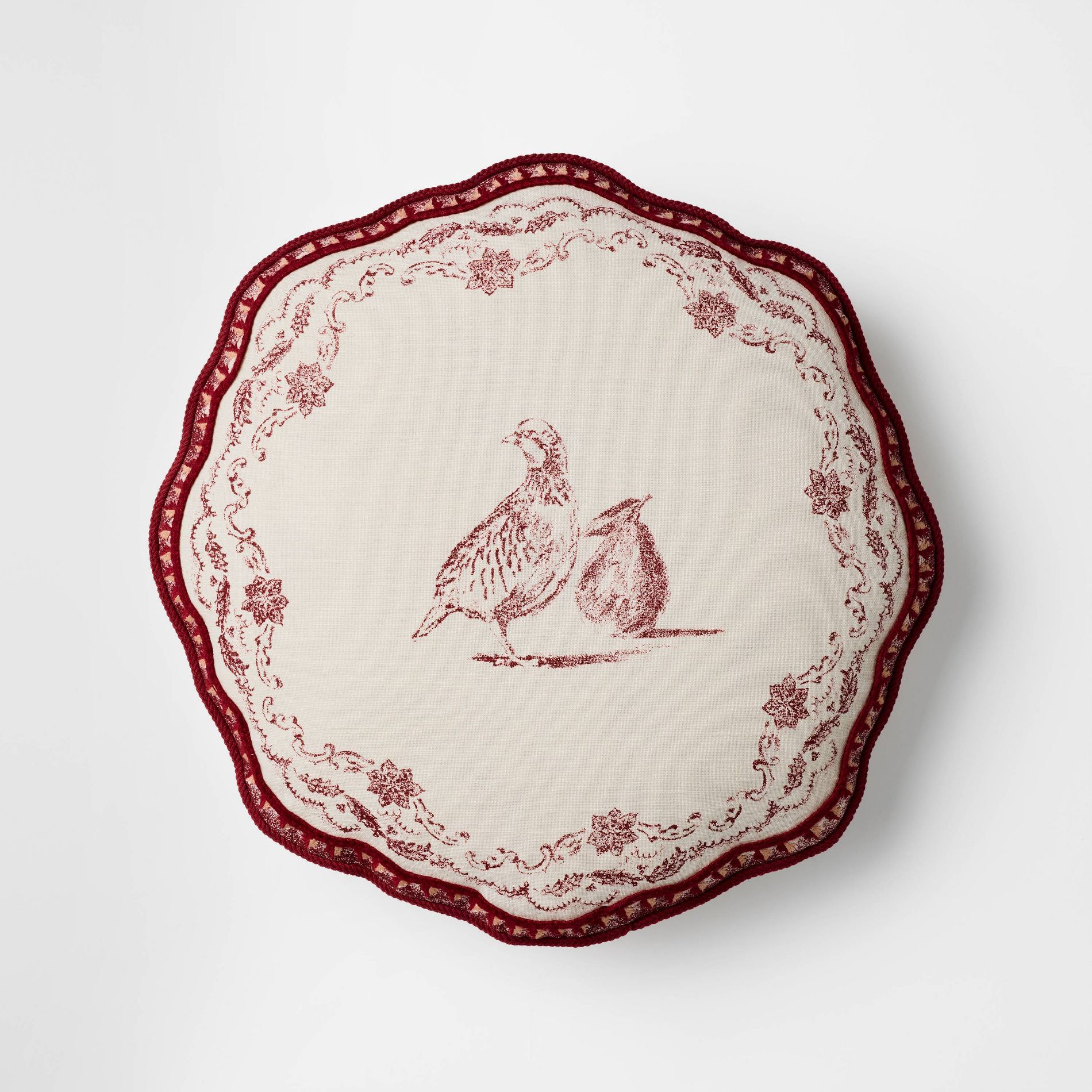 Cream and Burgundy Partridge Pillow - 16"R x 2"D - Threshold™ designed with Studio McGee