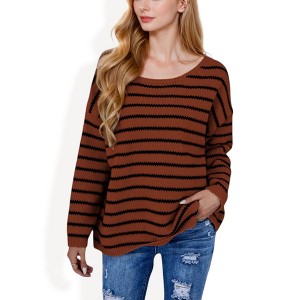 Anna-Kaci Women's Striped Boatneck Sweater with Relaxed Fit - Large, Brown - 1 of 3