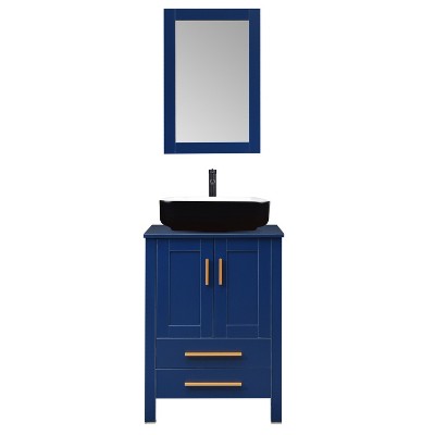 24 in. W x 19 in. D x 32 in. H Bath Vanity in Blue with Mirror and Sink Set