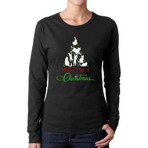 LA Pop Art Meowy Christmas Tree - Women's Word Art Long Sleeve T-Shirt - 1 of 4