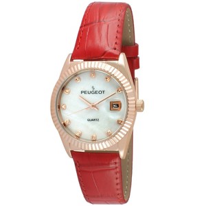 Peugeot Women 36mm Red Fluted Bezel Watch with Leather Strap - Mother of Pearl Dial - 1 of 4