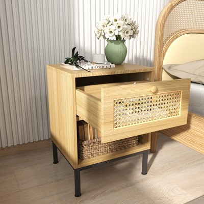 Aheaplus Rattan Nightstands with Drawers，Bed Side Open Storage cabinet