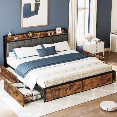 California King Bed Frame with 4 Storage Drawers