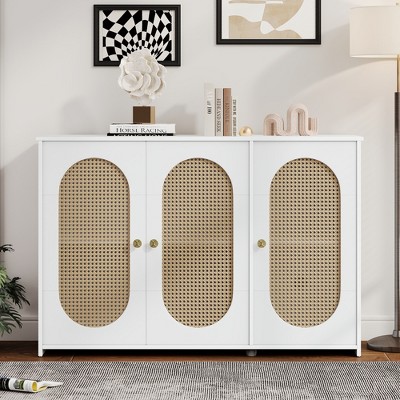 TIRAMISUBEST Retro Sideboard - 3-Door Storage Cabinet with Rattan Doors & Metal Handles, Farmhouse Accent for Living Room & Hallway, White