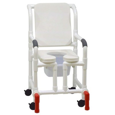MJM International Corporation Shower Chair 18 In Width 3 In White Seat White Cushion Padded Back True Open 10 Qt Slide Mode Pail 300 Lb Wt
