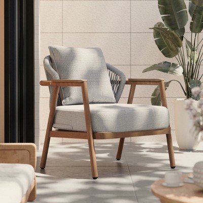 Outdoor Rope Back Patio Club Chair,Upholstered Club Armchair with Teak Plastic Wood Armrest,Metal Outdoor Patio Lounge Chair-Coolbibila