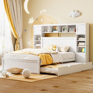 YOOCOZZ Queen Size Wooden Platform Bed with Trundle, Drawers, Cabinets, Shelves and Built-in Outlets - 1 of 4