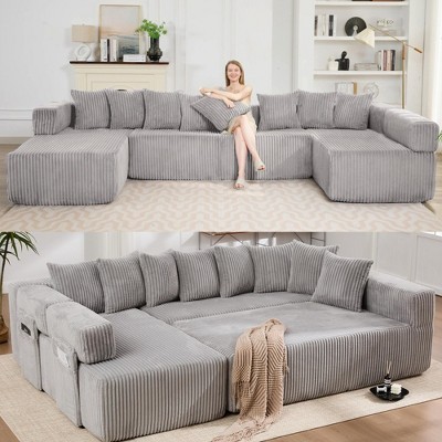 146" U-Shaped Modular Sectional Sofa, Corduroy Convertible Sleeper Couch with 8 Pillows, No Assembly, Free Combination, Oversized 5-Seater