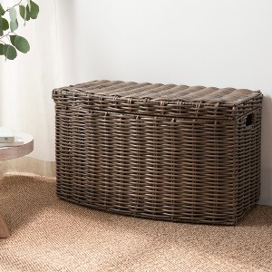 JANSNO Brown Rectangular Curve Resin Woven Wicker Decorative Basket with Handles - 24" x 14" x 15" for Clothes, Towels, Toys, Magazines, and More - 1 of 4
