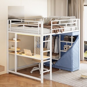 Whisen Full Size Metal Loft Bed with Desk, Wardrobe, Shelves, Power Outlet & LED Light - 1 of 4
