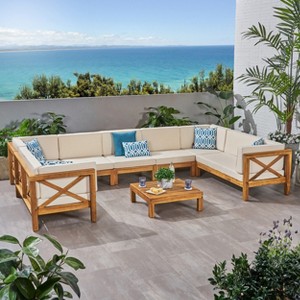 Christopher Knight Home Dominic 8 piece Outdoor Acacia Wood U-shaped Sectional Seating Set with Cushions - 1 of 4