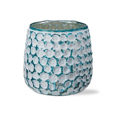 tag Andera Coastal Turquoise White Glass Tealight Candle Holder for Tabletop Mantel Wedding Decorations, 3.9 inch