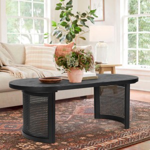 48" Modern Oval Coffee Table with Solid White Oak Table Top & Imitation Rattan Legs for Living Room or Lounge Space - Tanpinhause - 1 of 4