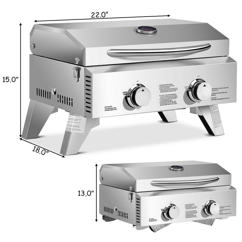 Costway 2 Burner Portable BBQ Table Top Propane Gas Grill Stainless Steel, 3 of 11