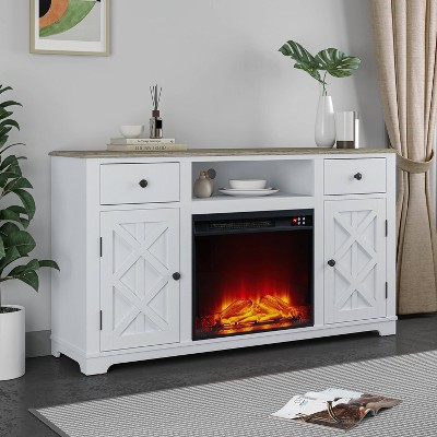 65" Off-White Farmhouse TV Stand with Electric Fireplace