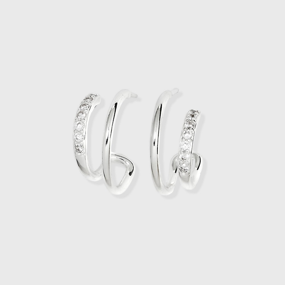 Photos - Earrings Sterling Silver Cubic Zirconia Faux Duo Stud Hoop  - A New Day™ Silver: Nickel-Free, Post Closure