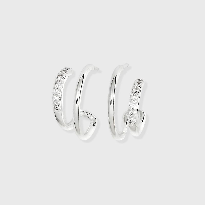 Sterling Silver Cubic Zirconia Faux Duo Stud Hoop Earrings - A New Day&#8482; Silver, 1 of 3