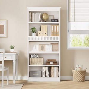 71" Farmhouse Bookcase w/Display Rack & Fluted Design, 5 Tier Tall Bookshelf with Wooden Base, Wood Bookshelf Vintage Book Shelf for Office Library - 1 of 4
