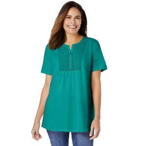 Woman Within Plus Size Eyelet Henley Tee - 1 of 4