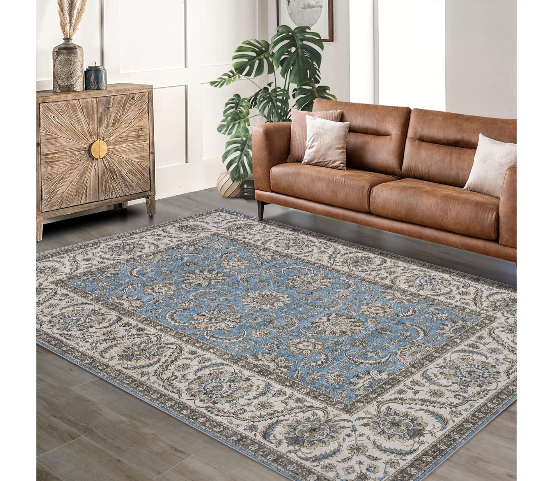 5'x7' Area Rugs for Living Room Washable Rugs Blue Indoor Carpet, Vintage Distressed Rug Soft Non Slip Area Rug for Bedroom Dining Room Home Office