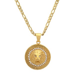 Steeltime 24" 18k gold plated stainless steel lion head round pendant with simulated diamonds and greek key accents - 1 of 4