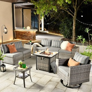 Marlton 9pc Wicker Outdoor Fire Pit Patio Furniture Set Conversation Sofa with a Swivel Chair and Cushions - 1 of 4