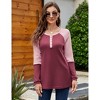 Women's Long Sleeve Waffle Henley Shirts Button Down Round Neck T Shirts Side Splite Color Block Casual Work Blouses - 2 of 4