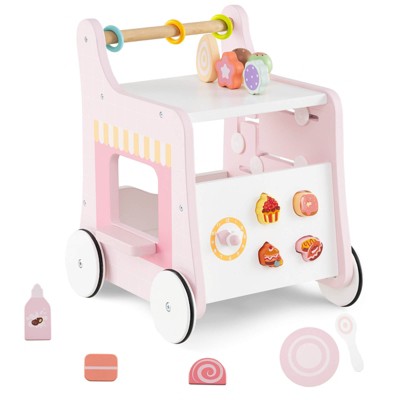 Infans Wooden Baby Walker Ice Cream Cart Toy with Sweet Accessories & Smooth Wheels
